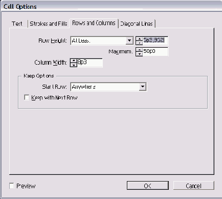 Вкладка Rows and Columns диалогового окна Cell Options